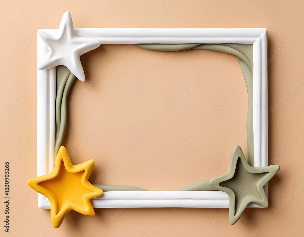 Poster a minimalist rectangular frame in white and khaki holds a blank space, adorned by playful star shape