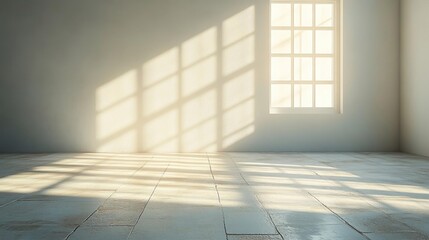 Sunlight casting blurred geometric shadows on a white wall. Generative AI