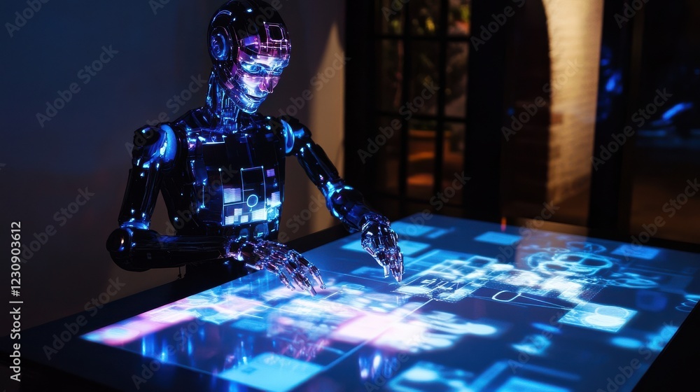 Poster futuristic robot interaction with digital interface and projections