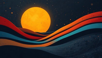 Abstract artwork depicting a large sun and colorful wavy lines