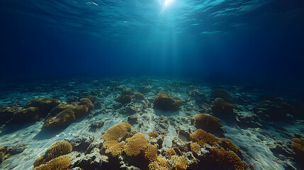 Naklejka premium Underwater Scene Sunlight Through Deep Blue Ocean Water Showing Coral Reef and Sandy Ocean Floor