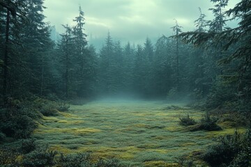 Misty forest clearing with sunlight breaking through the trees