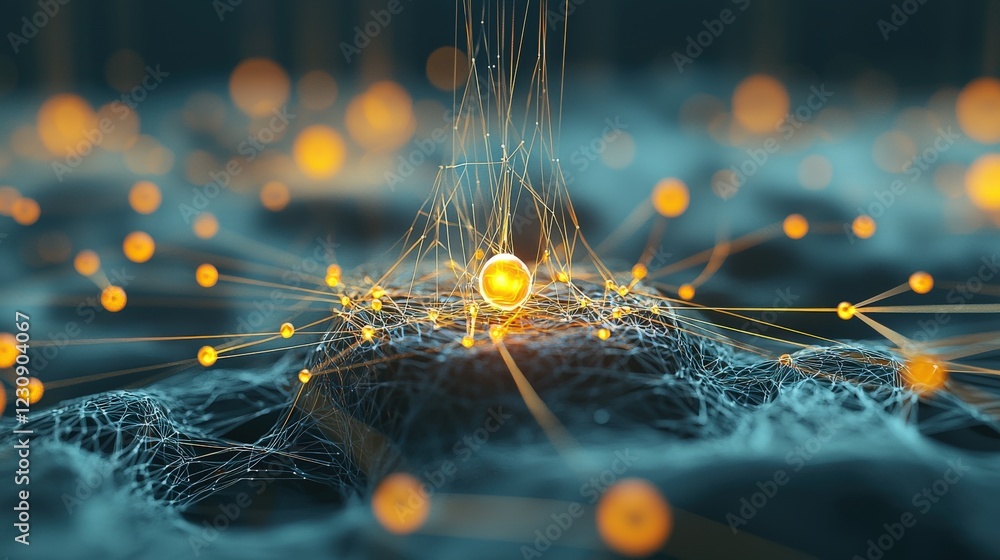 Poster glowing network of nodes connected to a central point, representing decentralized systems