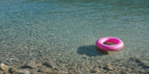 Obraz premium Summer fun with a pink inflatable donut in clear water on a sunny day near a rocky shore