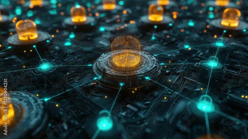 Poster glowing network of nodes connected to a central point, representing decentralized systems