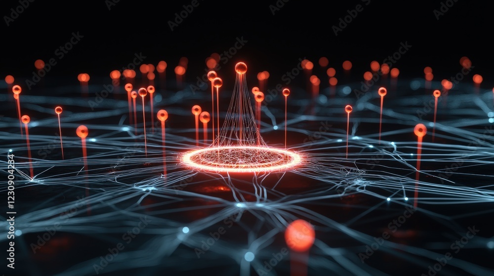 Poster glowing network of nodes connected to a central point, representing decentralized systems