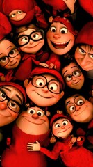 Happy red-clothed characters, close-up, cheerful expressions, cartoon style, children's film promotion
