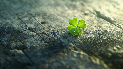 Single Four-Leaf Clover on Rustic Wooden Surface – Natural and Serene