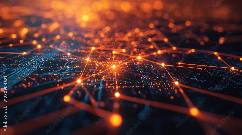 Poster a close-up shot of a glowing microchip with digital lines extending outward, symbolizing the core of