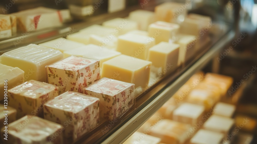 Poster display of assorted handmade soaps in a market stall, showcasing various colors and textures