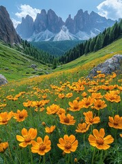 Fototapeta premium Alpine meadow wildflowers, mountain backdrop, summer landscape, travel poster