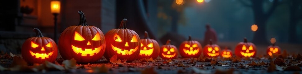 Glowing candlelight illuminates carved Halloween pumpkins , carved, pumpkin