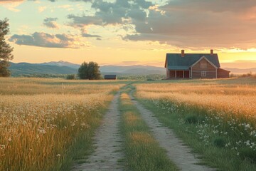 Golden wheat field with a barn under a cloudy evening sky