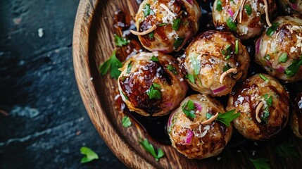 A close-up shot of freshly cooked takoyaki balls on a wooden plate, garnished with bonito flakes and drizzled with savory sauce, capturing the delicious details of this popular Japanese street food.