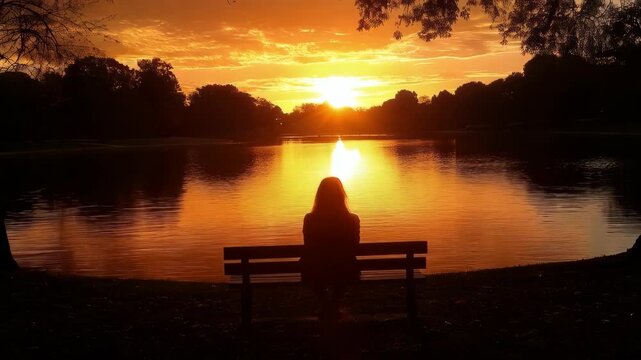 Sad lonely woman silhouette sitting on bench near river in park, watching orange sunset reflecting in water. Concept of loneliness, depression, sadness and emotional solitude