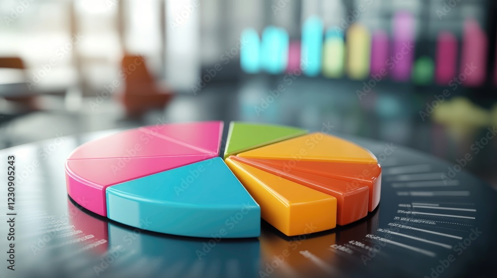 Poster a colorful d pie chart vividly displaying market share distribution, with labeled segments and dynam