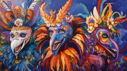 Three Colorful Bird Masks in Vibrant Carnival Artwork