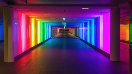 The hallway lit with colorful LED lights creates a futuristic atmosphere.