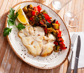 Prepared blue shark served with fried vegetables on plate on wooden table