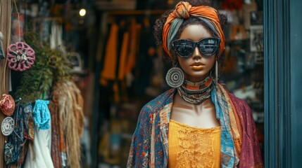 Obraz premium Stylish Mannequin in Bohemian Outfit at a Shop Window