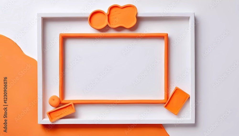 Poster bright and vibrant, this workspace highlights a rectangular white frame surrounded by playful orange