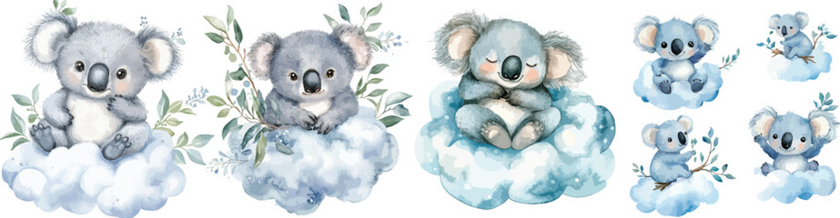 koala on cloud watercolor clipart