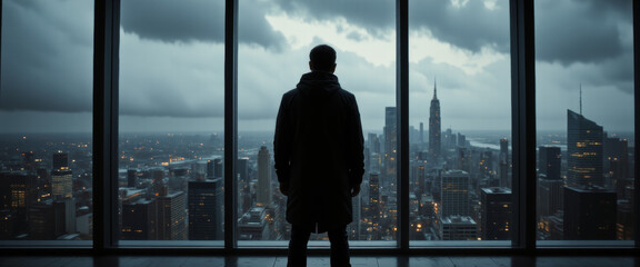 Fototapeta premium Man in a coat with a contemplative mood gazing at a city skyline against a stormy sky