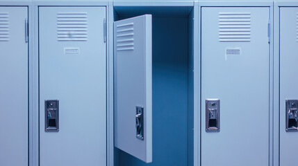 close up of white small lockers with one door open, showcasing clean and organized interior. lockers are designed for storage in schools or gyms, providing sense of security and order