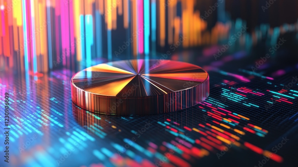 Poster a detailed d pie chart with metallic slices in various colors, symbolizing data distribution in a hi