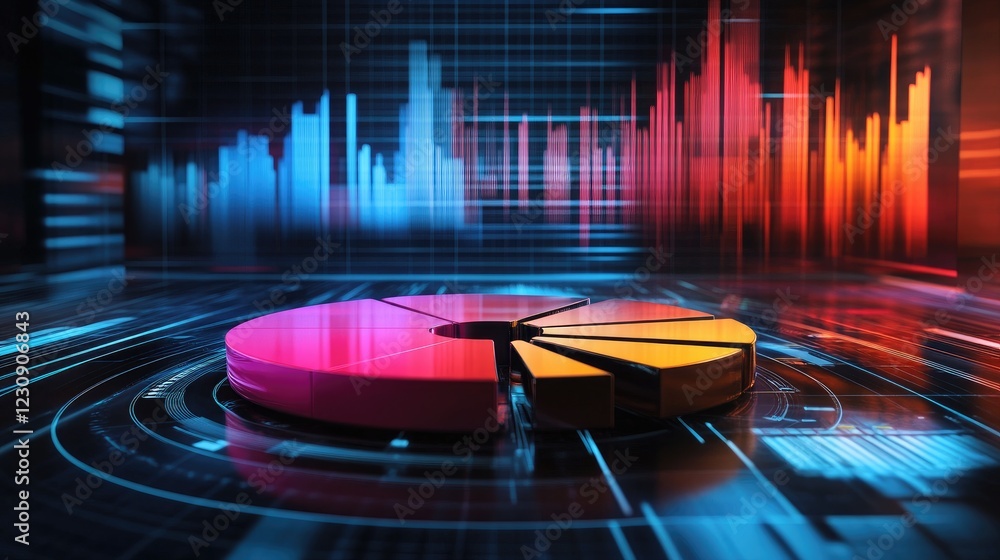 Poster a detailed d pie chart with metallic slices in various colors, symbolizing data distribution in a hi