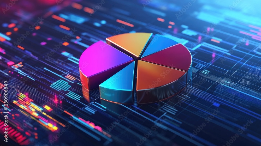 Poster a detailed d pie chart with metallic slices in various colors, symbolizing data distribution in a hi