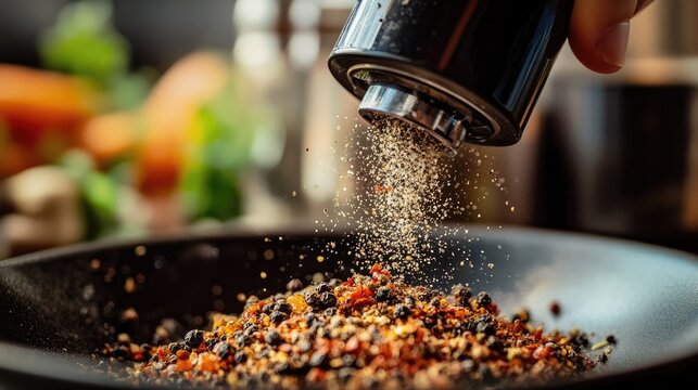 A detailed shot of a pepper grinder in use, with freshly ground black pepper being sprinkled onto a dish, emphasizing the seasoning process.