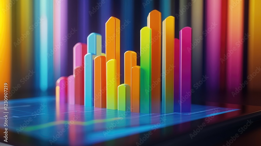 Poster a digital d bar graph emerging from a tablet screen, representing real-time financial data and analy