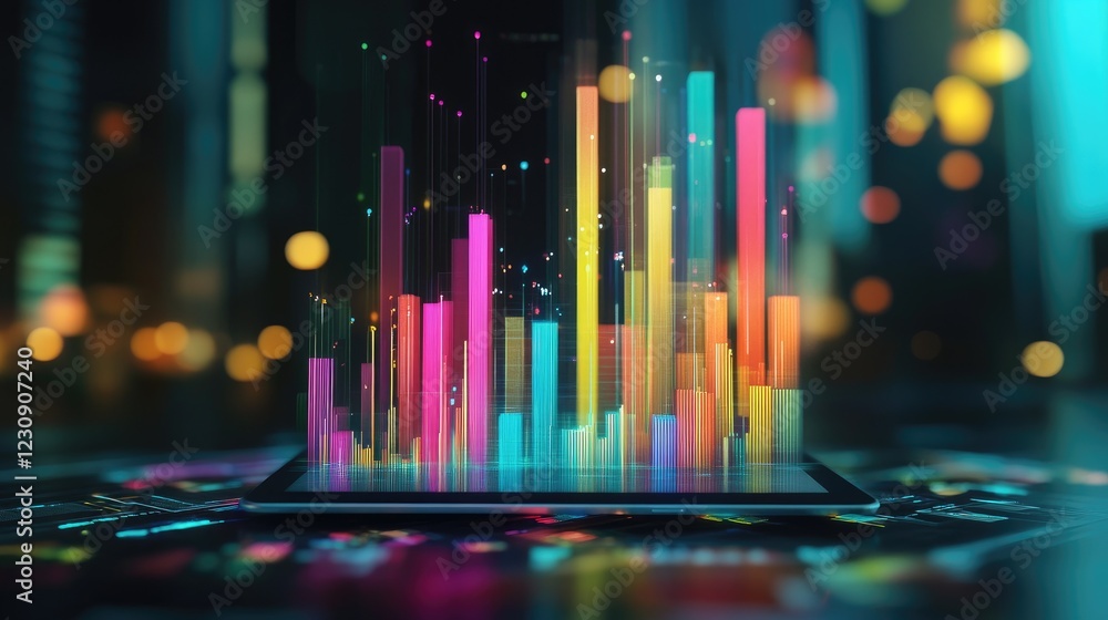 Poster a digital d bar graph emerging from a tablet screen, representing real-time financial data and analy