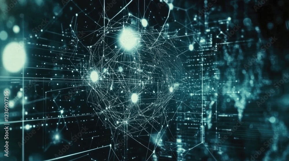 Poster a digital interface with interconnected lines and nodes, each representing devices and data points w