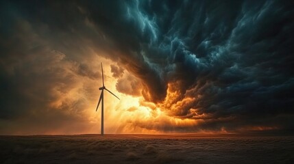 Obraz premium A dramatic shot of a wind turbine standing tall against a stormy sky, emphasizing the resilience and power of renewable energy in the face of nature's elements.