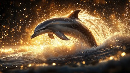 Fototapeta premium A dramatic shot of a dolphin making a splash as it dives back into the ocean, with droplets of water catching the sunlight in a sparkling display.