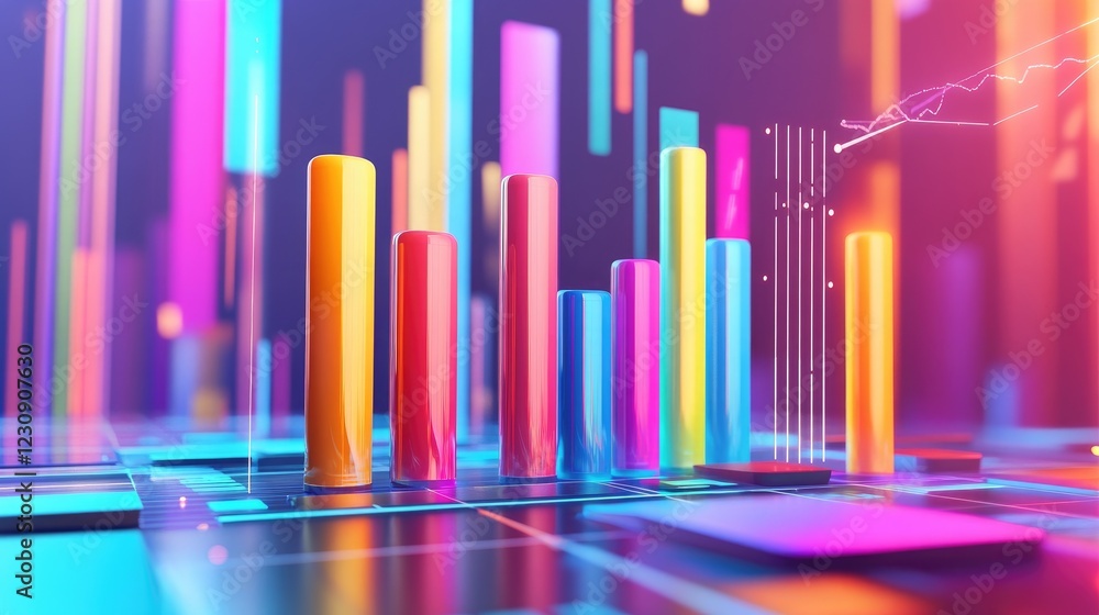 Poster a dynamic d bar graph with vibrant colors representing different financial metrics, rising from a sl