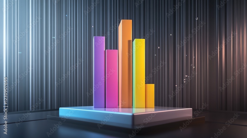 Poster a dynamic d bar graph with vibrant colors representing different financial metrics, rising from a sl