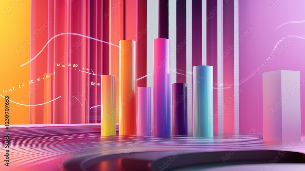 Poster a dynamic d bar graph with vibrant colors representing different financial metrics, rising from a sl