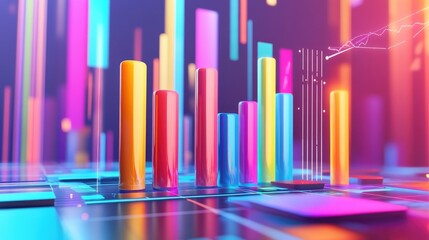 Obraz premium A dynamic D bar graph with vibrant colors representing different financial metrics, rising from a sleek platform, with lines and numbers floating in the background.