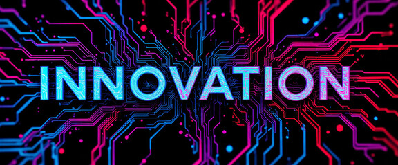 Innovation text design with a futuristic mood against a digital circuit background