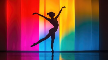 Fototapeta premium A dynamic image of a dancer in mid-pose, captured as a silhouette against a brightly colored stage light, emphasizing the grace and movement.