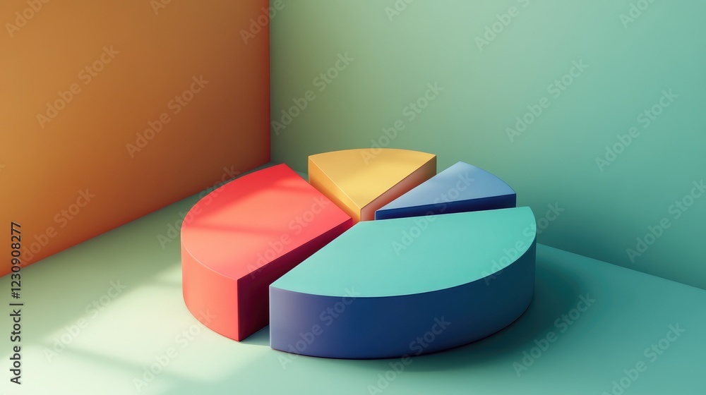 Poster a financial d pie chart showing the division of a company's assets, with bold colors and shadows add