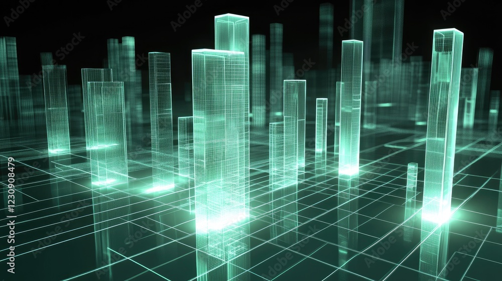 Aufkleber a futuristic d bar chart with glowing, transparent bars representing financial data, rising from a d