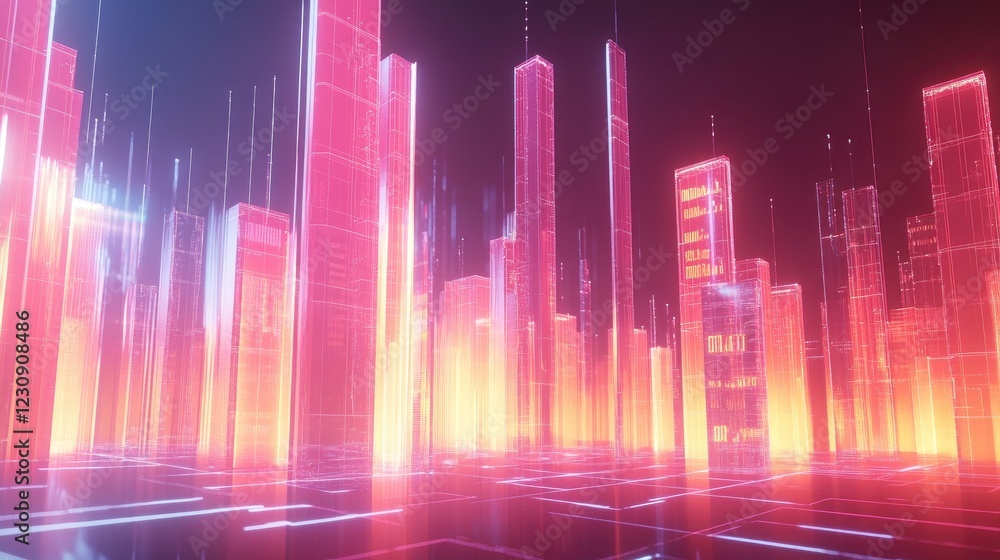 Aufkleber a futuristic d bar chart with glowing, transparent bars representing financial data, rising from a d