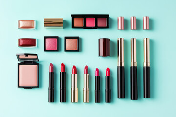 flat lay composition of various makeup products on mint green background, showcasing lipsticks, blush, and eyeshadows in vibrant colors, perfect for beauty enthusiasts