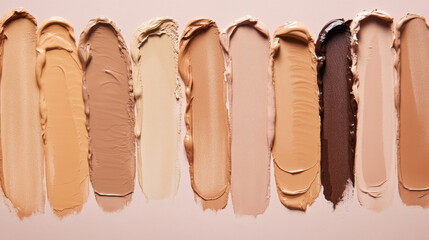 flat lay of various shades and tones of liquid foundation, showcasing diversity in skin tones and textures. This highlights beauty of inclusivity in makeup products