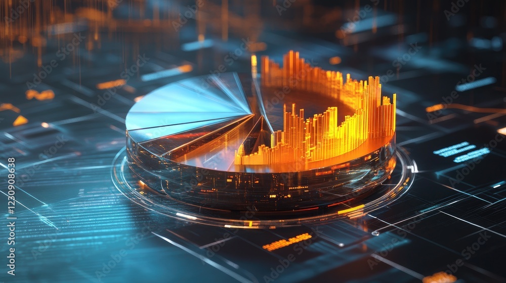 Poster a futuristic d pie chart with segmented pieces, each representing a different percentage of data, fl