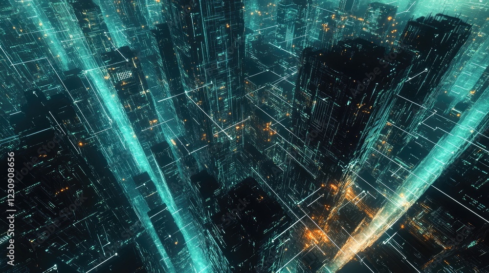 Poster a futuristic cityscape connected by glowing digital lines, symbolizing a vast digital network, with 
